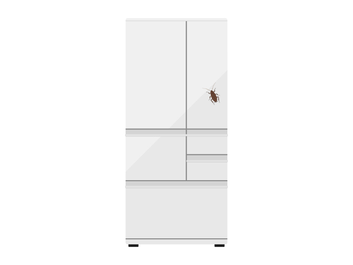 Illustration of a cockroach appearing from behind a refrigerator
