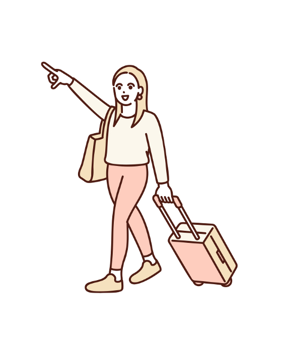 A girl enjoying a trip. Illustration of a woman pointing to her destination with a carry-on bag in one hand.