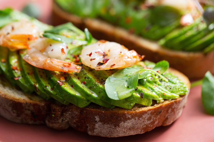 Avocado and shrimp open sandwich bruschetta