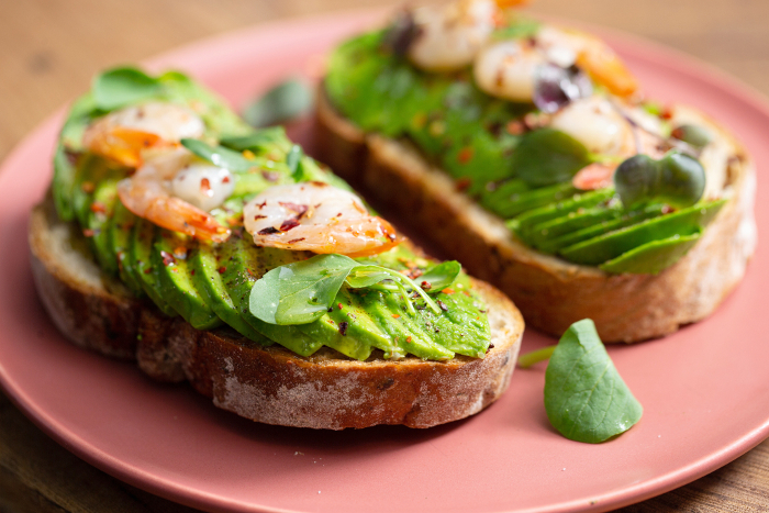 Avocado and shrimp open sandwich bruschetta