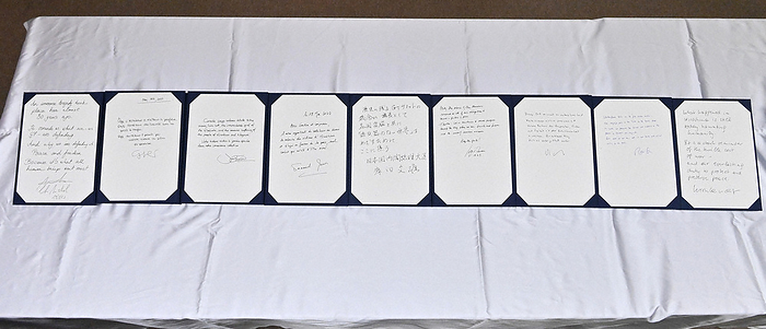 G7 Summit in Hiroshima, Japan A list of names of G7 leaders. From left: European Union President Michel, Italian Prime Minister Meloni, Canadian Prime Minister Trudeau, French President Macron, Japanese Prime Minister Kishida, U.S. President Biden, German Chancellor Scholz, British Prime Minister Snake, and European Commission President von der Leyen at Hiroshima City Hall. May 20, 023, 9:59 p.m., photo by Naho Kitayama
