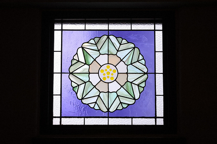 Ashiya Buddhist Hall Stained glass with a lotus flower motif in Ashiya City, Hyogo Prefecture, Japan, May 7, 2023  photo by Maiko Umeda.
