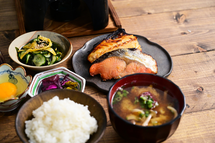 one soup and two vegetables - salmon and mackerel marinated in miso