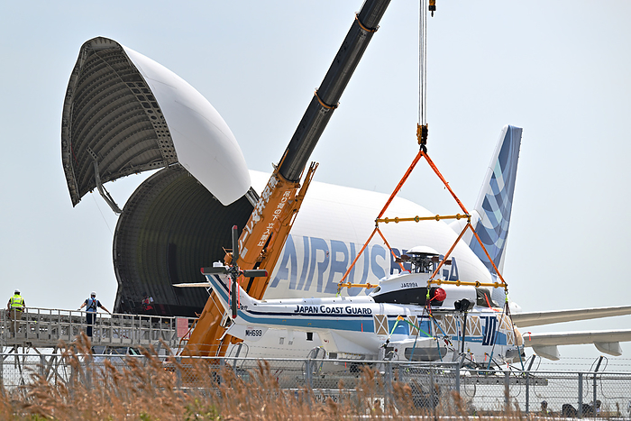 Large helicopter being pulled out and suspended from the cargo hold of an Airbus A300 600ST  Beluga , Hyogo, Japan Taken at Kobe Airport. This is the third time a beluga has flown to Japan. First flight to Kobe Airport in about 1 year and 5 months since December 2021.