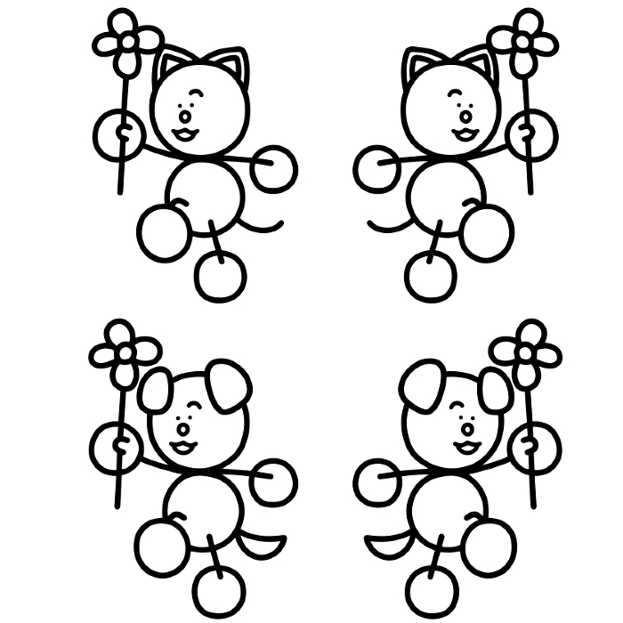 Line drawing set of Wan-maru and Nyan-maru skipping with flowers, dog, cat