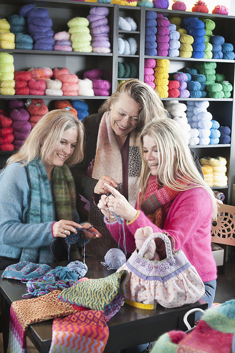 knitting teacher with two women in knitting lesson,handicraft, coffe shop and knitting, crochet,best friends,handicraft, coffe shop and knitting, crochet,best friends, Knitting teacher with two women in knitting lesson, Bavaria, Germany