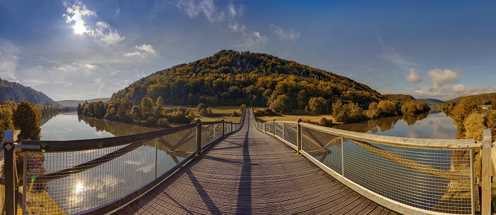 Germany, Bavaria, View of wooden Tatzelwurm Bridge at Altmuhl River