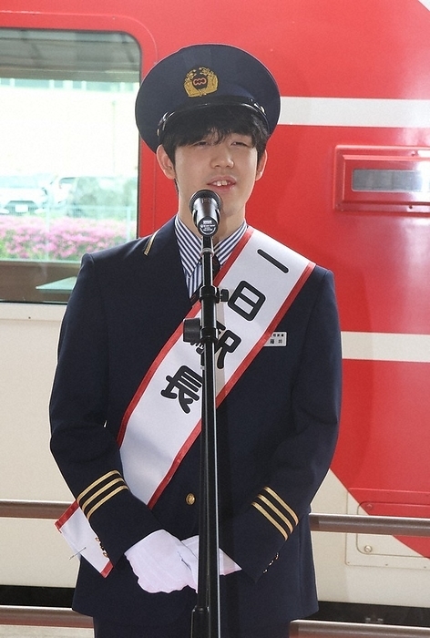 Rokkan Fujii and others become stationmaster for a day at Sanriku Railway Sota Fujii, 6 kan, gives a speech at the appointment ceremony for one day station chief in Miyako City, Iwate Prefecture, Japan, May 29, 2023, 10:06 a.m. Photo by Shinichi Okuda