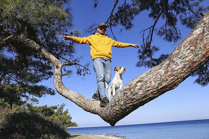 Man balancing with dog on tree branch at the sea