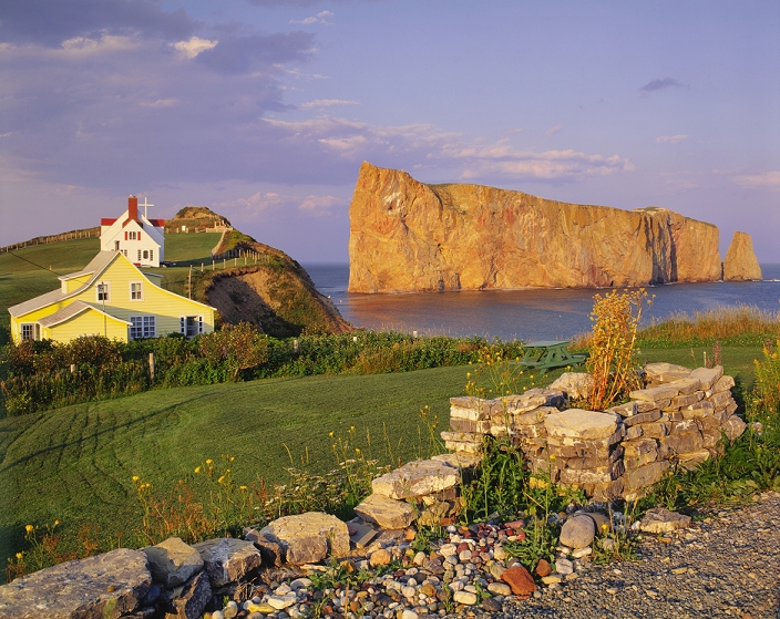 Houses And Perce Rock At Sunset, Gaspesie, Quebec