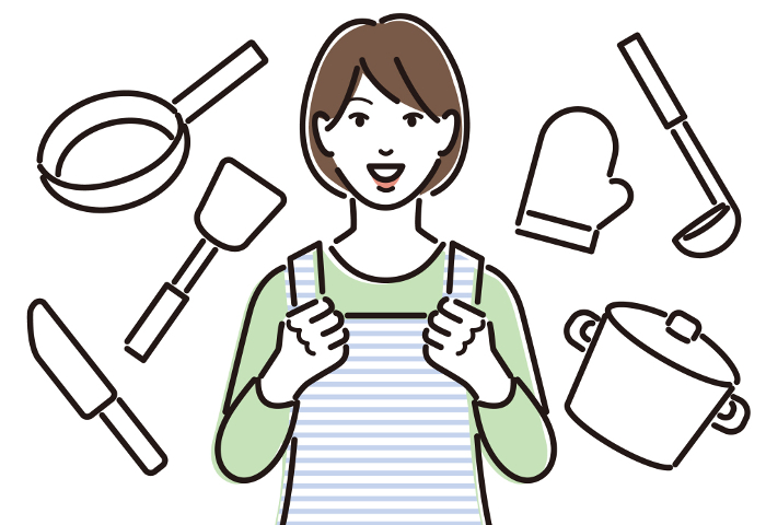 Woman in apron with cooking utensils and motivation