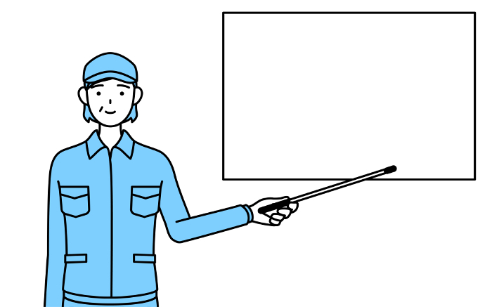 Senior woman in hat and work clothes pointing at whiteboard with instruction stick (manager, supervisor, supervisor)