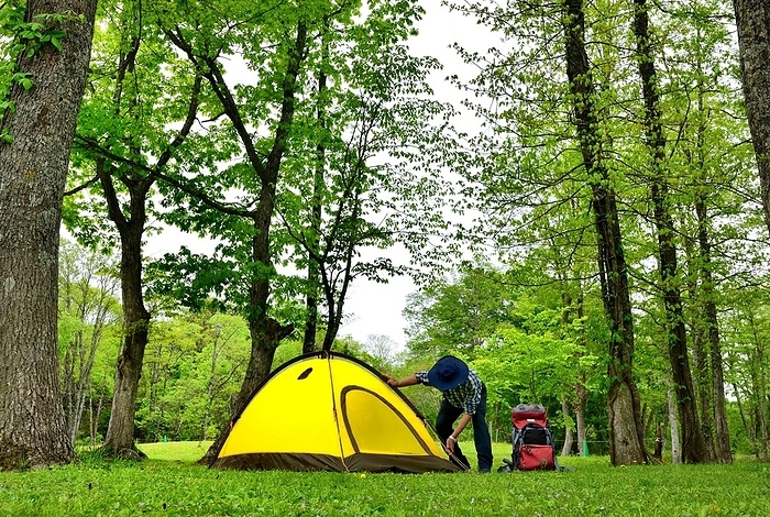 A man sets up a camping tent in the woods by the lake.