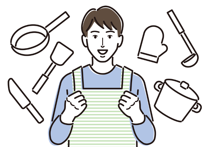 Man in apron with cooking utensils and motivation
