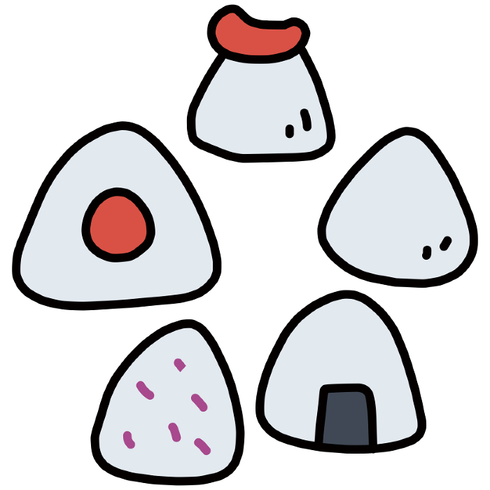 A set of simple illustrations of various triangle rice balls