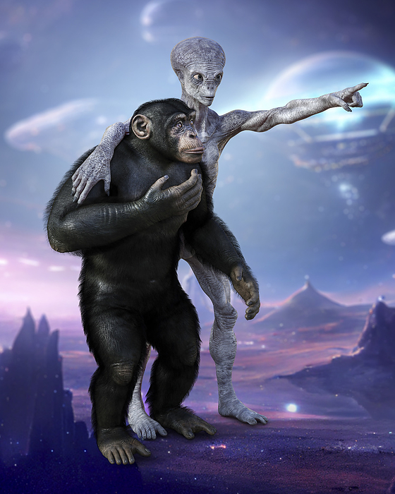 Alien and chimpanzee, illustration Alien and chimpanzee, computer illustration., by KATERYNA KON SCIENCE PHOTO LIBRARY