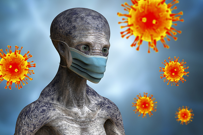 Alien in face mask, conceptual illustration Alien in face mask surrounded by viruses, conceptual computer illustration., by KATERYNA KON SCIENCE PHOTO LIBRARY