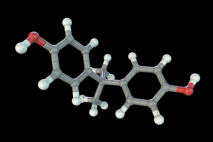 Bisphenol A molecule, illustration Bisphenol A  BPA , molecular model. BPA is an organic compound used to fabricate polycarbonate polymers and epoxy resins. It has oestrogen disrupting effects and its use is banned in baby bottles in several countries. Atoms are represented as spheres and are colour coded: carbon  grey , hydrogen  white  and oxygen  red ., by KATERYNA KON SCIENCE PHOTO LIBRARY