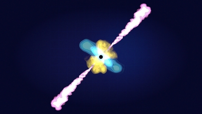 Short gamma ray burst, illustration Illustration of a short gamma ray burst  GRB . GRBs are high energy explosions that can either be long burst, lasting two seconds or more, or short burst, lasting less than two seconds. This GRB has formed from the merger of two neutron stars. Jets of high speed particles created from the merger are thought to produce the initial gamma ray burst  GRB . GRBs can only be detected if one of these jets is pointed towards Earth., by NASA Goddard Space Flight Center SCIENCE PHOTO LIBRARY