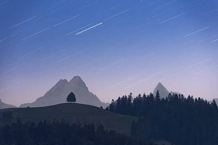 Star trail in the night sky over a lone tree on hill and Schreckhorn peak, Sumiswald, Emmental, Bern canton, Switzerland Star trail in the night sky over a lone tree on hill and Schreckhorn peak, Sumiswald, Emmental, Bern canton, Switzerland, Europe, by Roberto Moiola