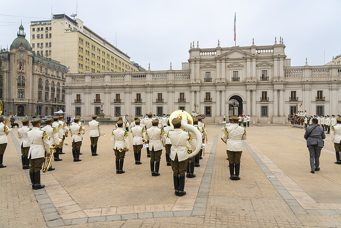 Policemen performing changing of guards ceremony in front of La Moneda Palace, Santiago, Santiago Metropolitan Region, Chile Policemen performing changing of guards ceremony in front of La Moneda Palace, Santiago, Santiago Metropolitan Region, Chile, South America, by Jan Miracky