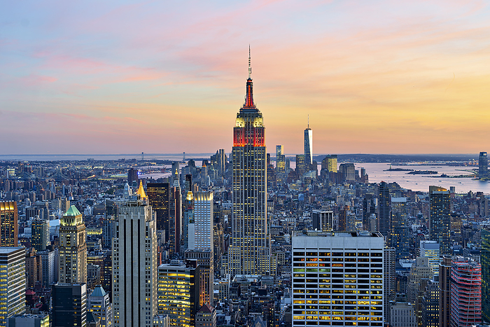 New York. Manhattan. United States. Aerial view. The Empire State Building at sunset New York. Manhattan. United States. Aerial view. The Empire State Building at sunset, by Zoonar Marco Brivio