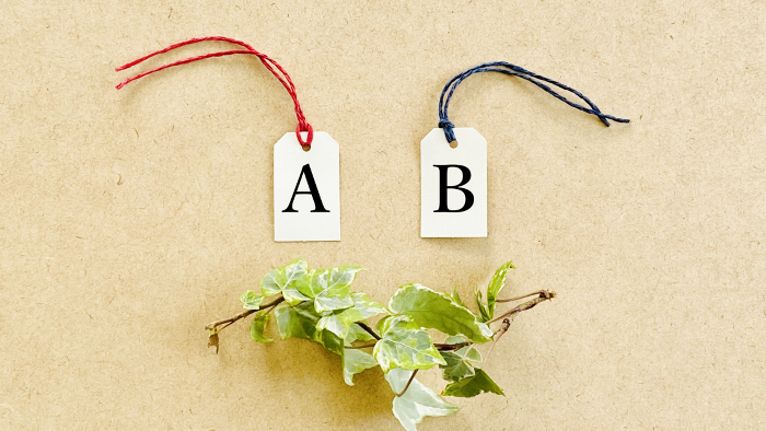 2 tags with letters A and B and ivy_corkboard background