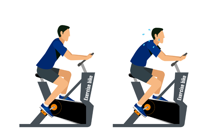 Illustration set of oriental man exercising on aerobike diet workout