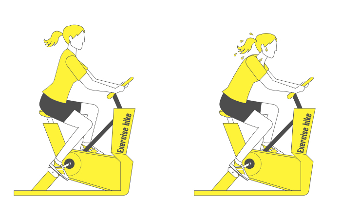 Illustration set line drawing simple 2 colors of a woman exersizing on an aerobike