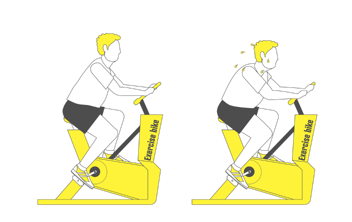 Illustration set line drawing simple two colors of a fat man exercising on an aerobike