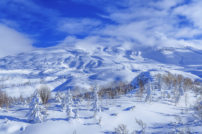 Tokachidake mountain range in winter viewed from Bogakudai, Hokkaido