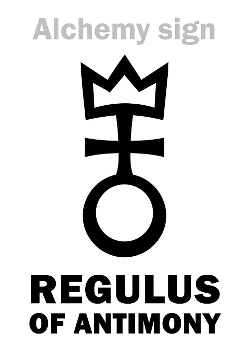 Alchemy Alphabet: REGULUS of ANTIMONY (Regulus Antimonii), Antimony regulus, Antimony metal - pure metal (as opposed to impure ore): Chemical formula=[Sb]. Alchemical sign, Medieval symbol.