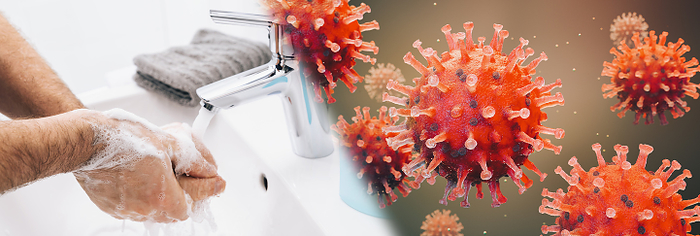 Washing hands man rinsing soap with running water at sink, Coronavirus 2019-ncov prevention hand hygiene. Corona Virus pandemic protection by cleaning hands frequently. by Zoonar/Claßen Rapha