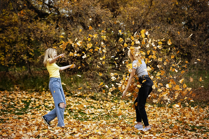 Two teenage girls throwing leaves at each other and having fun in a city park on a warm fall day; St. Albert, Alberta, Canada., by LJM Photo / Design Pics