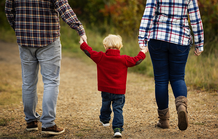 Mother and father hold hands with toddler son as they walk down a path in a city park in autumn; Edmonton, Alberta, Canada, by LJM Photo / Design Pics
