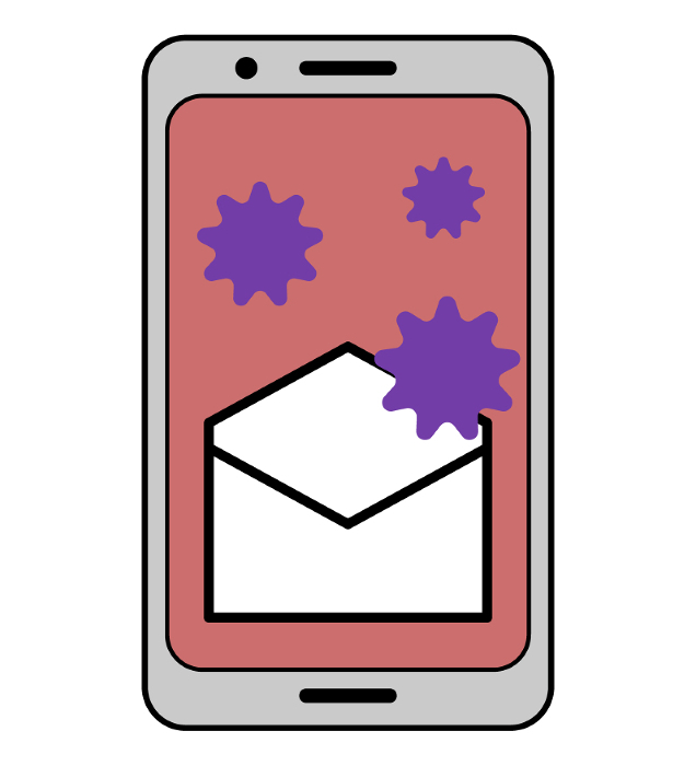Illustration of an image of opening a mobile phone mail and infecting it with a virus.