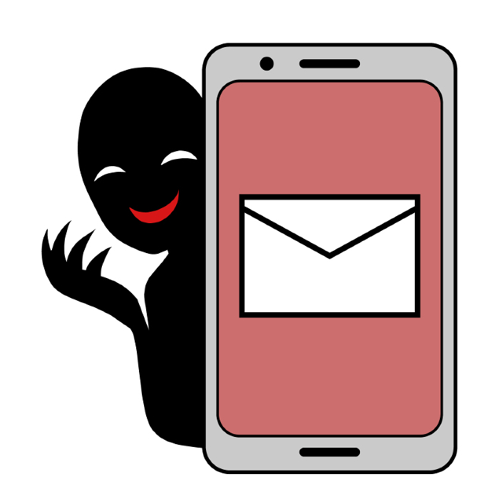 Clip art of phishing scam image of email icon and bad guy image person on cell phone.