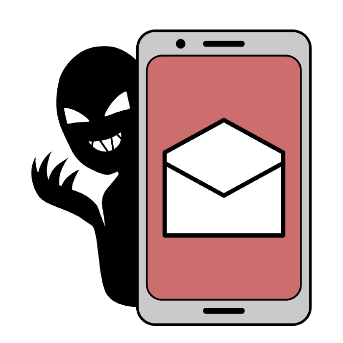 Illustration of a phishing scam image of a person with an email icon and bad guy image opened on a cell phone.