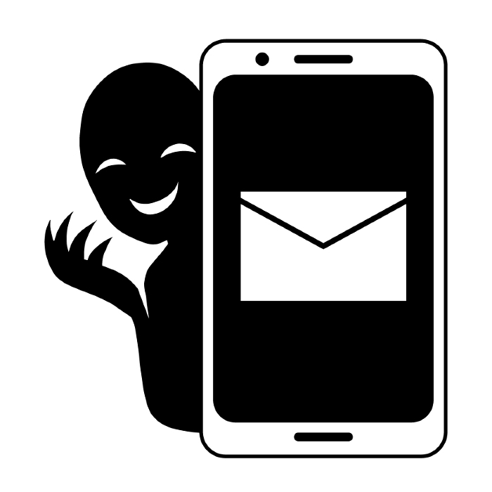 Clip art of image of email icon and bad guy on a cell phone.