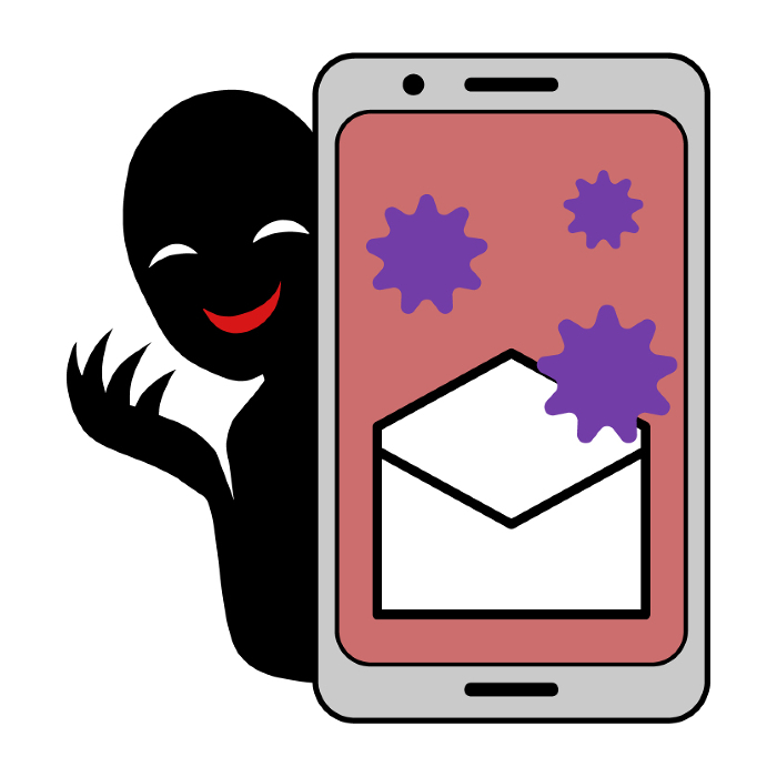 Illustration of a person with a virus-infected smartphone and bad guy image after opening an email.