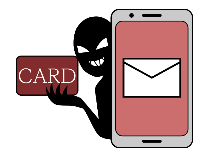 Clip art of phishing mail and image of bad guy with card in hand.