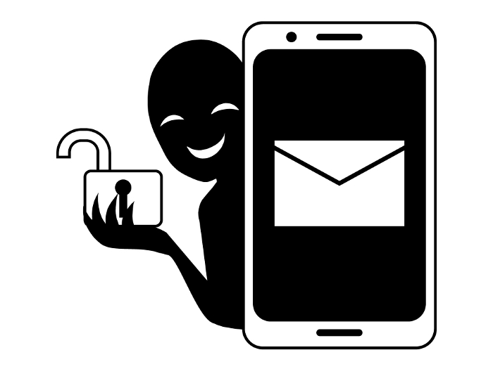 Illustration of a phishing scam image of a bad guy with a smartphone and an open key in his hand with an email icon.