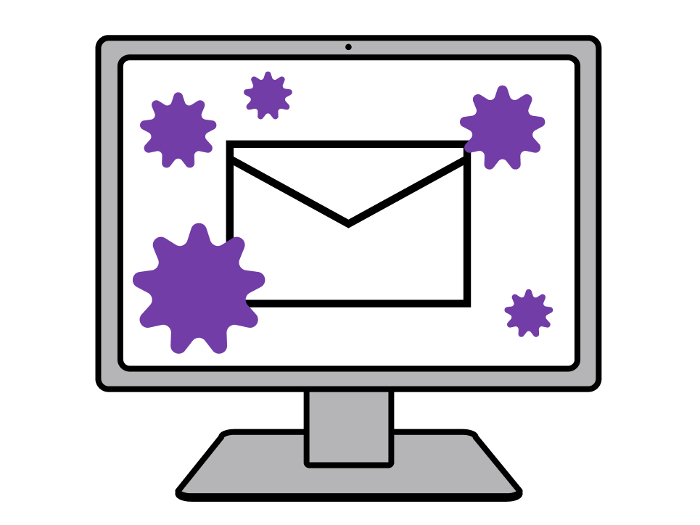 Illustration of a computer showing a virus-infected e-mail.