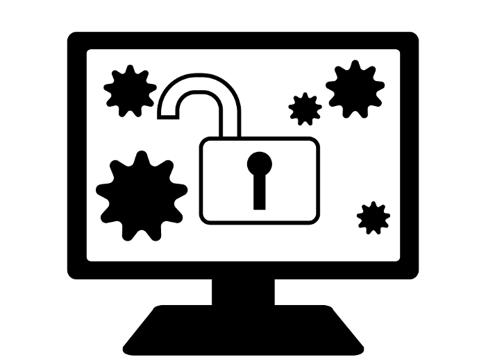 Clipart image of a computer that has been infected with a virus and unlocked.