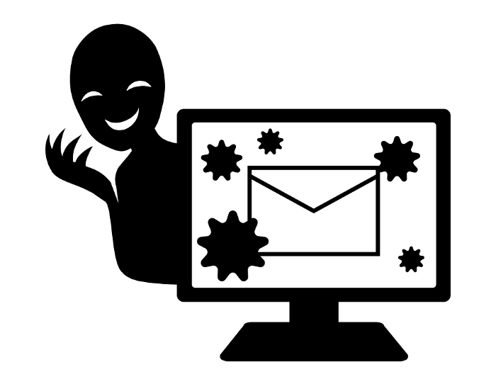 Clipart image of a computer with a virus-infected e-mail displayed and a bad guy image.
