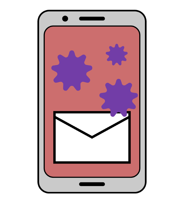 Clip art of email image with virus on cell phone.