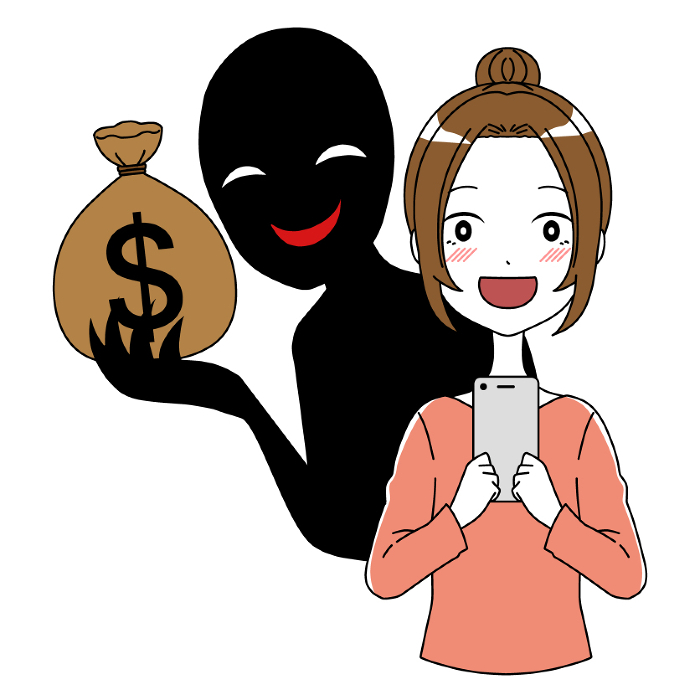 Clip art image of a happy woman holding a cellphone and a suspicious bad guy with money.