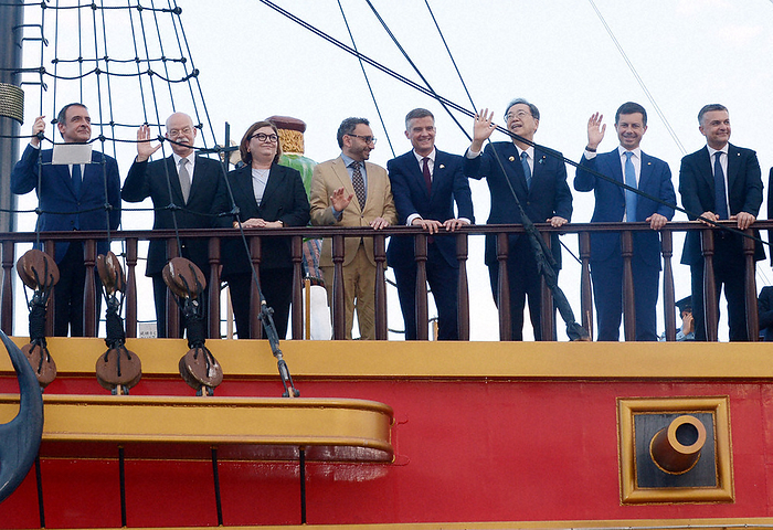 G7 Transportation Ministers Meeting Held in Shima City, Japan Ministers of various countries wave from the deck as they depart for a sunset cruise in Ago Bay, Shima, Mie Prefecture, Japan, at 5:52 p.m. on June 16, 2023.