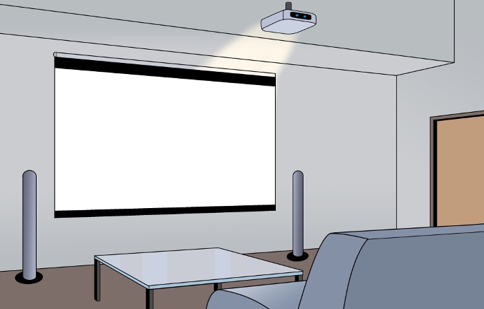 Illustration of home theater [home, cinema, screen, projector, video viewing, room].