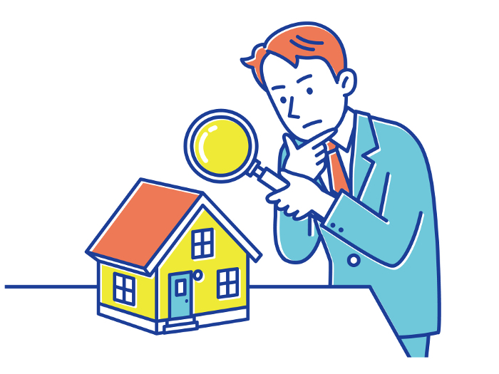 A man checking a house with a magnifying glass to see if anything is wrong.